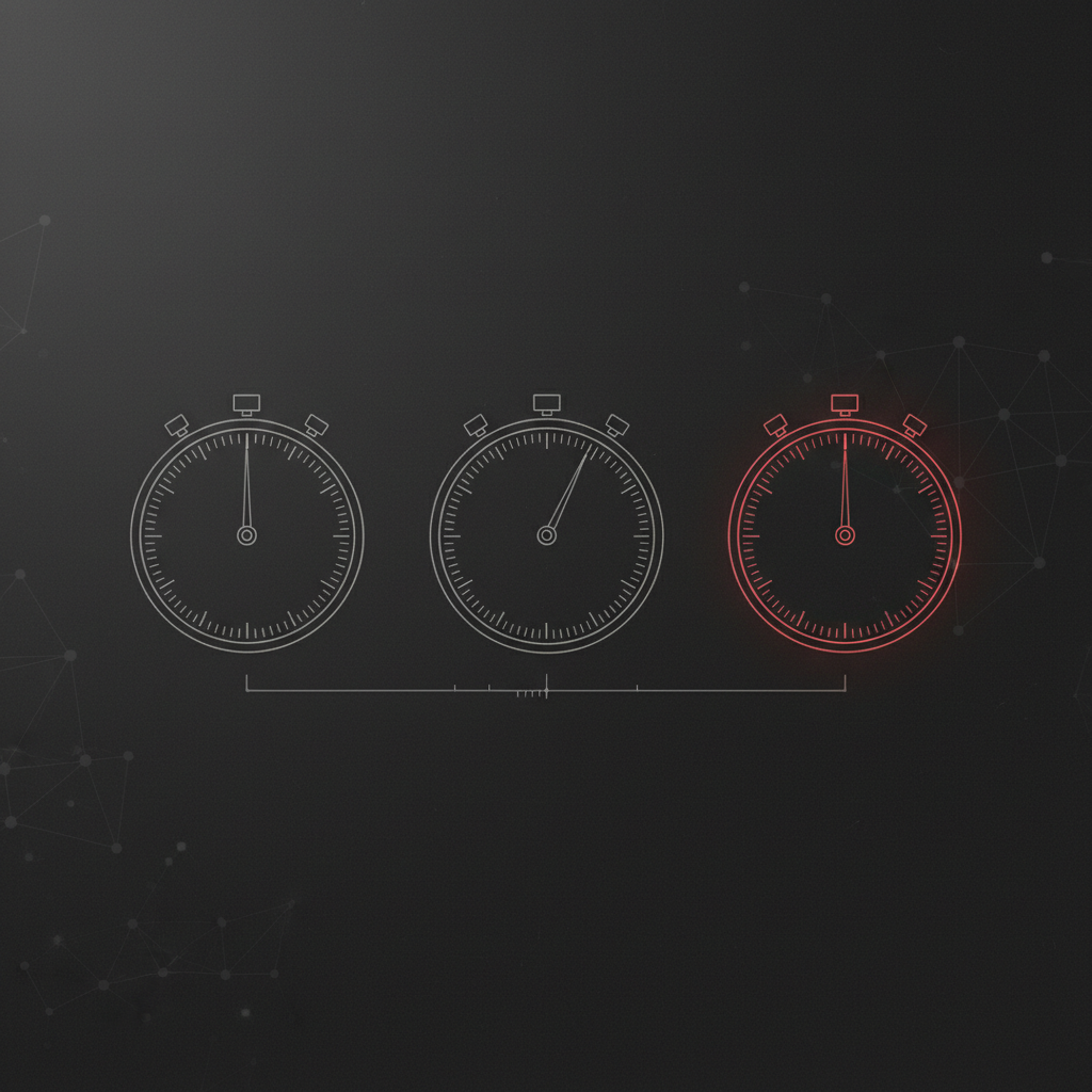 Three precision chronograph dials side by side showing Solana finality dropping from 12.8 seconds to 150 milliseconds
