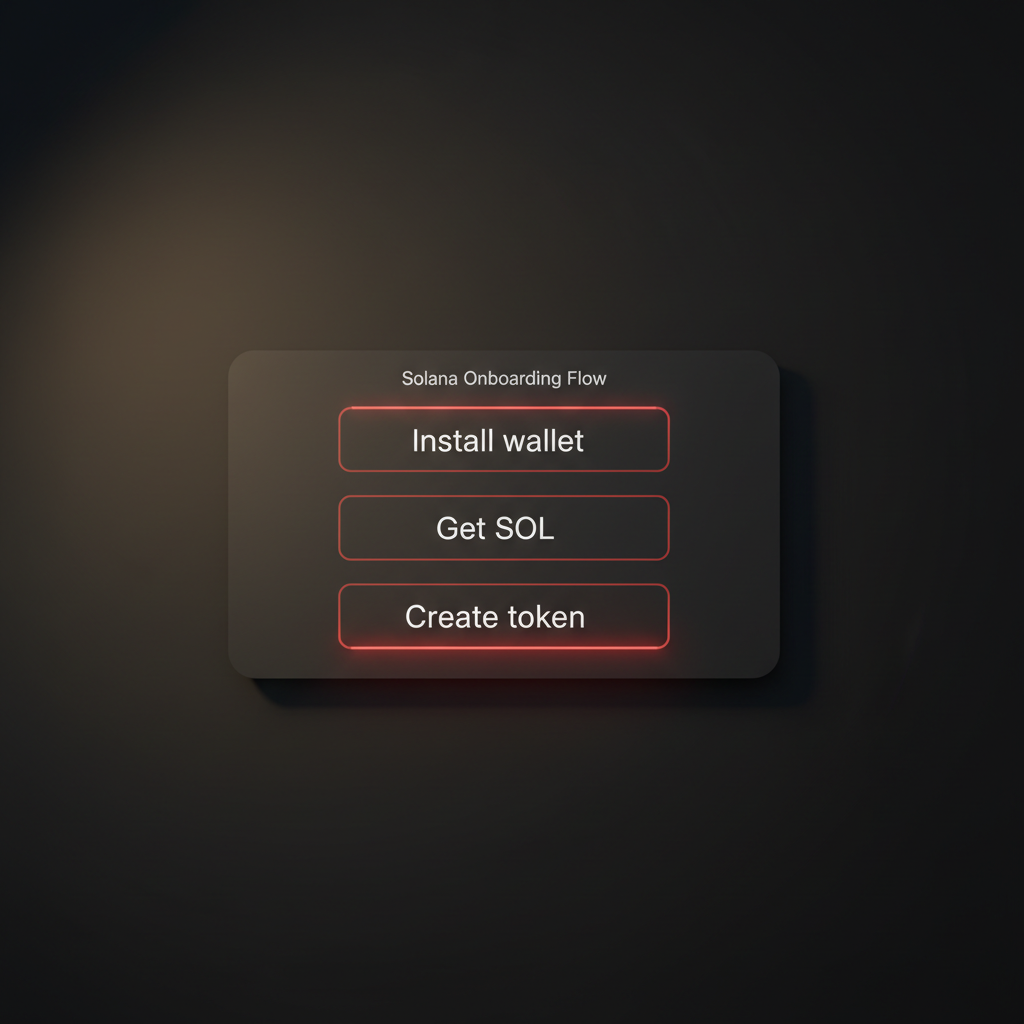 Solana onboarding akışı diyagramı — cüzdan kur, SOL al, token oluştur