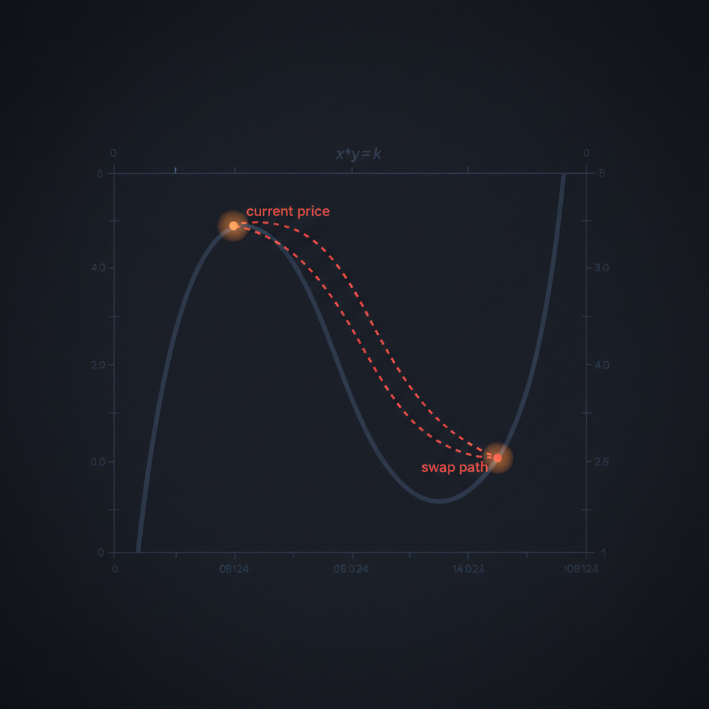 A clean hyperbolic x times y equals k curve drawn in editorial blueprint style, with two highlighted points connected by a swap arc