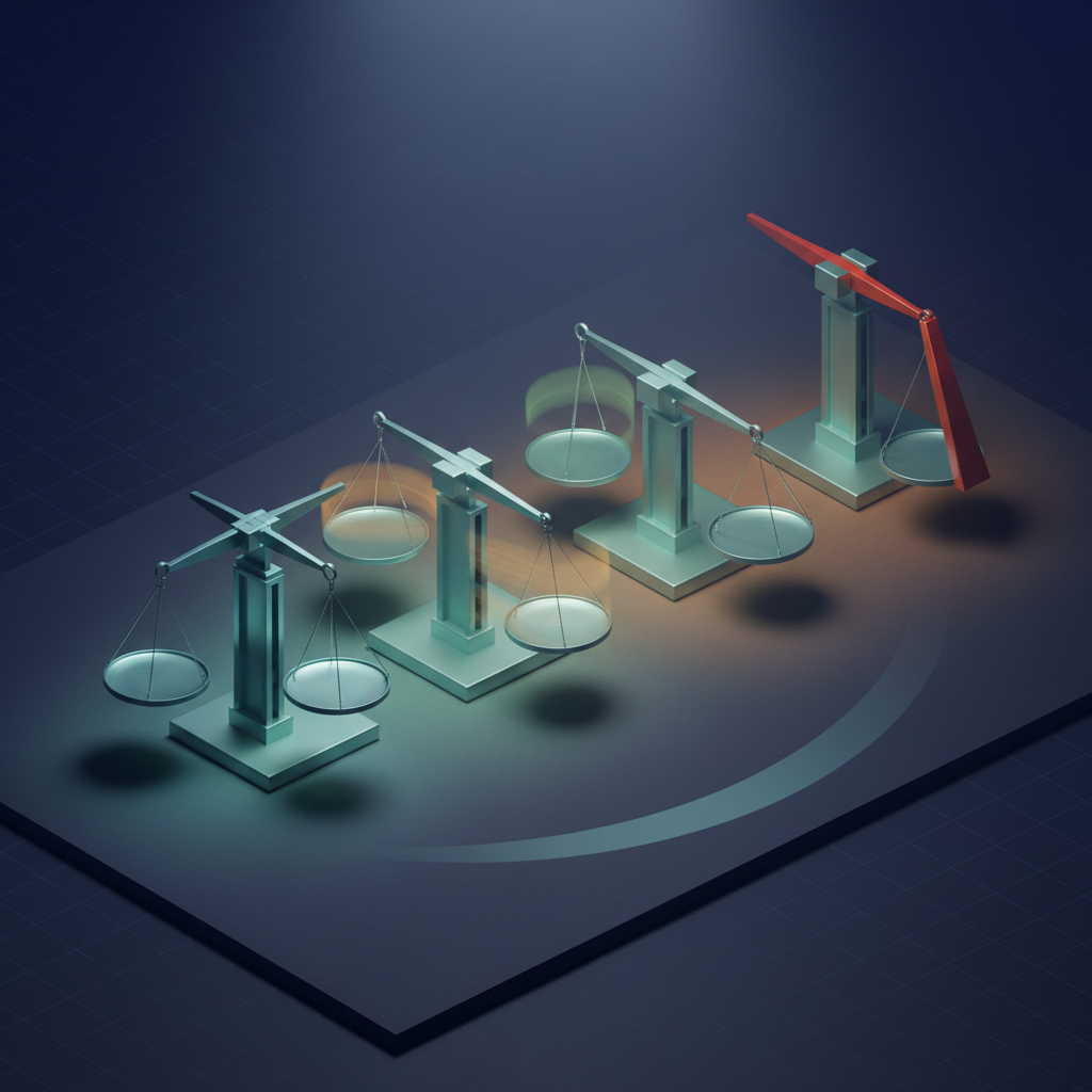 Isometric scales tilting in sequence as price ratio increases, with floor shadows tracing the impermanent loss curve