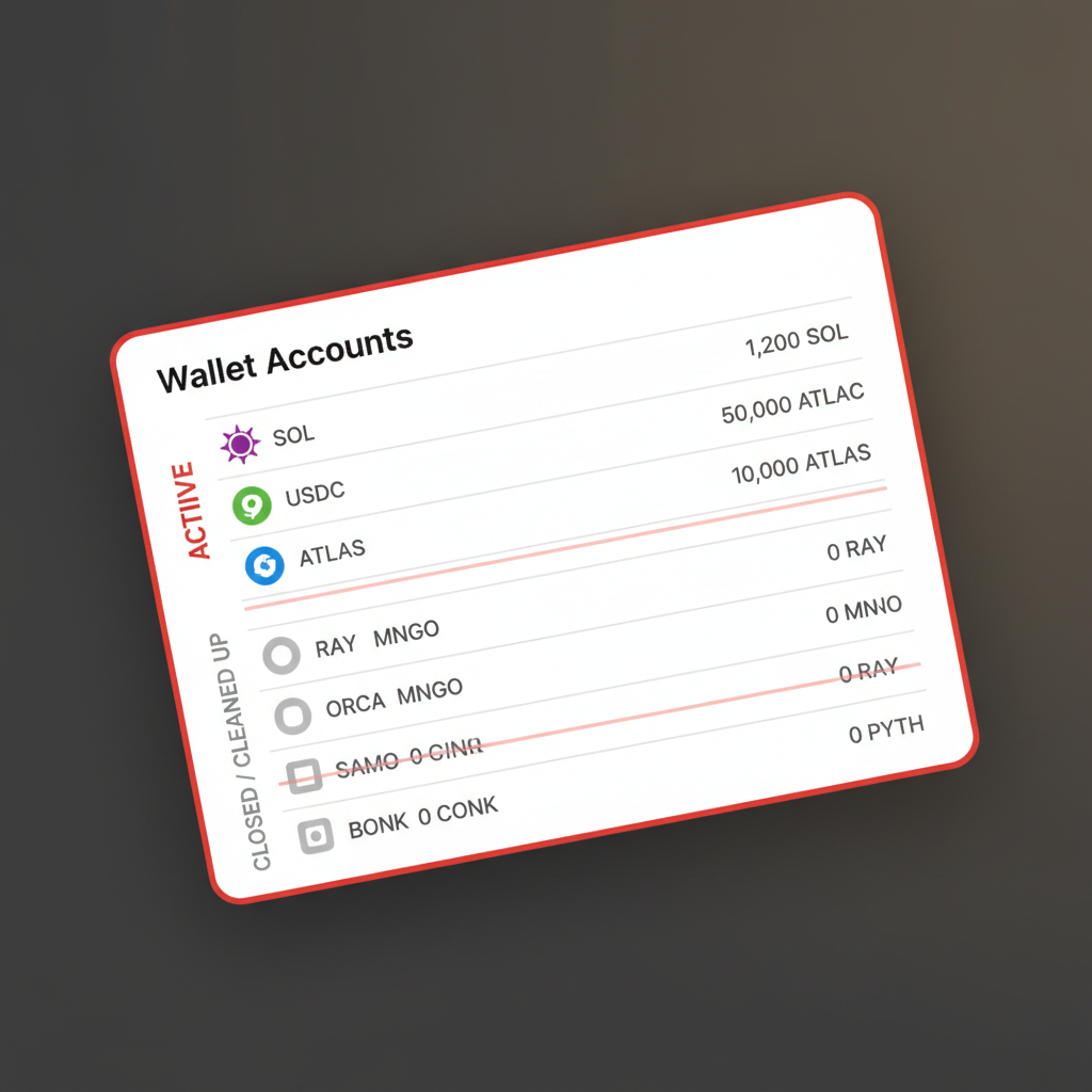 Solana wallet token account state diagram — active versus closed accounts
