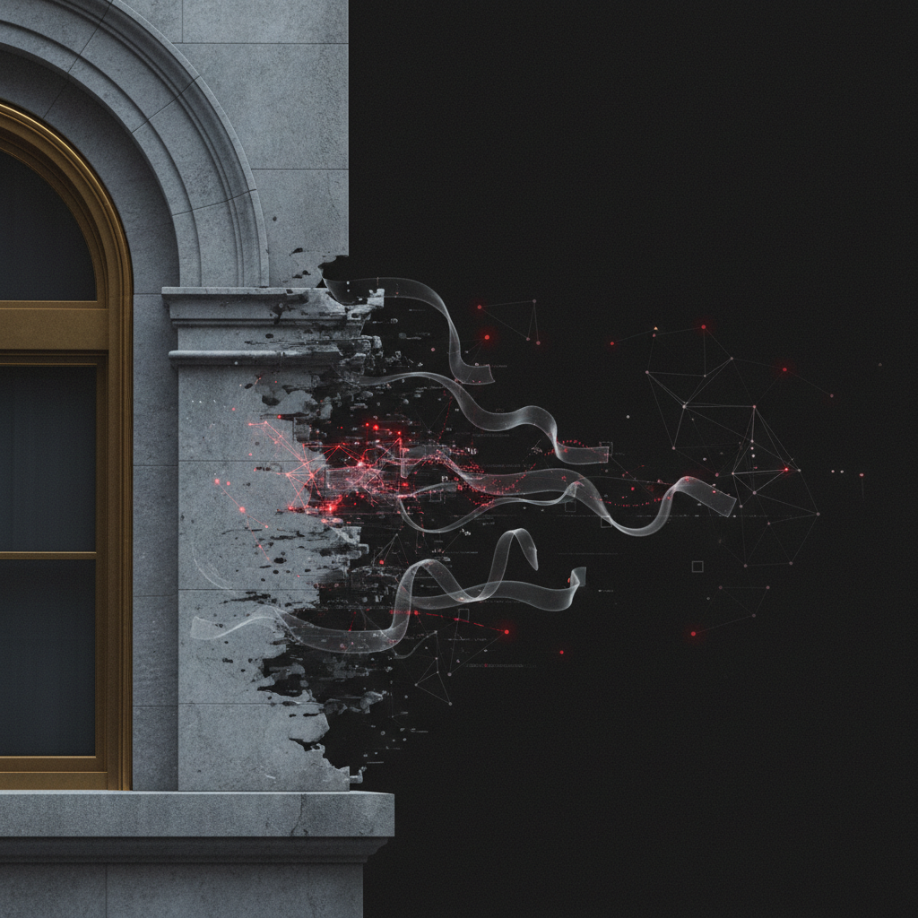 Wall Street architecture dissolving into digital flow, signalling institutional reserves arriving on Solana